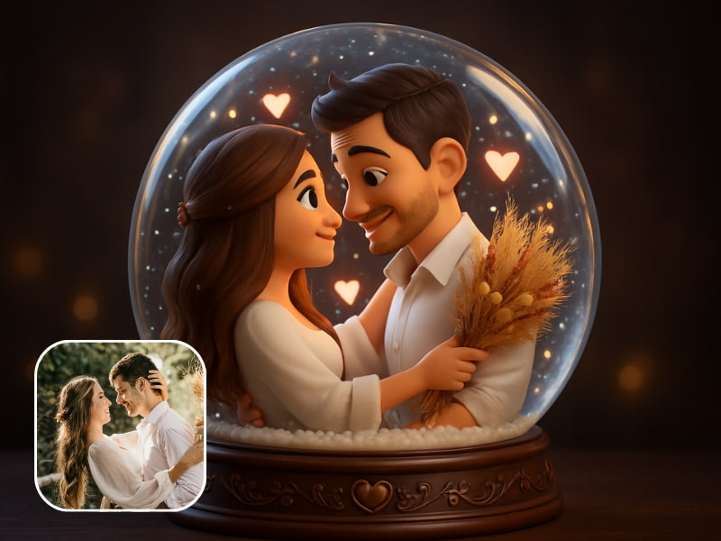 Pariskunta lumisadepallossa